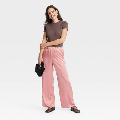 Women's Mid-Rise Straight Leg Satin Pull-On Pants - A New Day Pink M