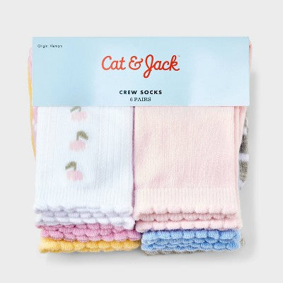 Baby Girls' 6pk Daisy Floral and Stripped Crew Socks - Cat & Jack 12-24M