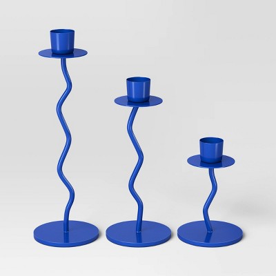 3pk Wavy Taper Candle Holder Set Blue - Room Essentials
