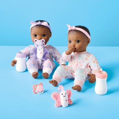 14" Girl Twin Baby Dolls - Dark Brown Hair + Brown Eyes - Gigglescape: Includes Plush, Pacifier, Bottle, Outfits