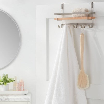 Shelf Rack with 5 Hooks Brushed Nickel - Brightroom: Wall-Mounted, Steel Bathroom Storage Organizer