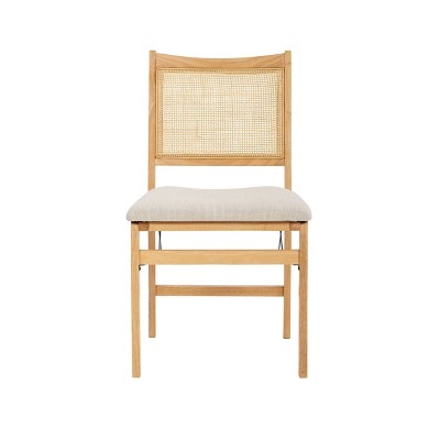 Bayley Rattan Back Fabric Folding Chair Natural - Powell: Linen Upholstered, Rubberwood Frame, No Assembly Required (LOCAL PICKUP ONLY)