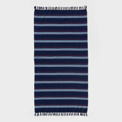 36"x72" Jacquard Lightweight Striped Oversized Beach Towel with Knotted Fringe Navy Blue - Room Essentials