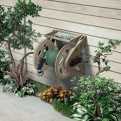 Suncast Handler 200 Foot Resin Wall Mounted Outdoor Garden Hose Reel, Taupe