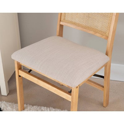 Bayley Rattan Back Fabric Folding Chair Natural - Powell: Linen Upholstered, Rubberwood Frame, No Assembly Required (LOCAL PICKUP ONLY)