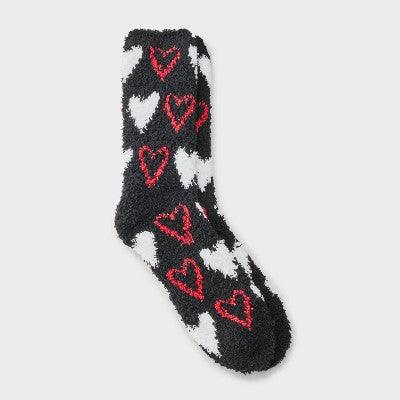 Women's Outlined Hearts Cozy Valentine's Day Crew Socks - Black/White/Red 4-10