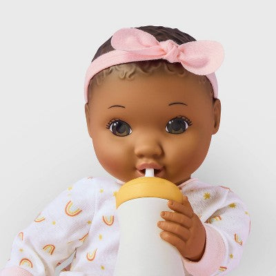 14" Nurturing Baby Doll - Dark Brown Hair + Brown Eyes - Gigglescape: Includes Pacifier, Blanket, Headband, Bottle