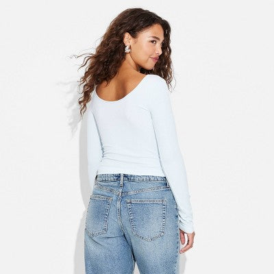 Women's Long Sleeve Neck T-Shirt - Wild Fable Soft Blue L: