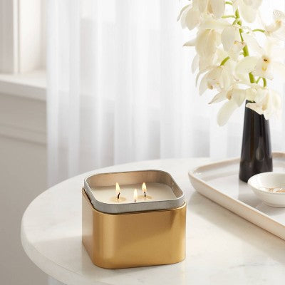 3 Wick Lidded Metal Tin Candle Fireside Glow 12oz Gold - Threshold
