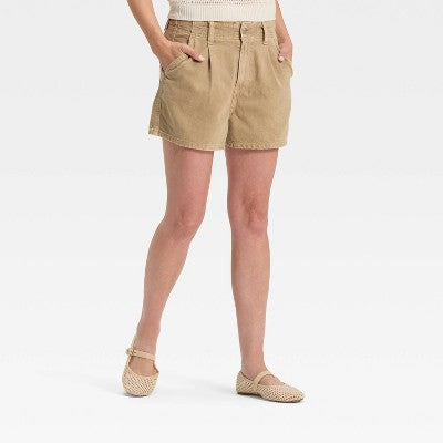 Women's High-Rise Pleated Jean Shorts - Universal Thread Khaki 14