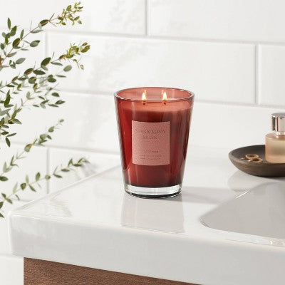 Colored Vase with Dustcover 2-Wick Strawberry Musk & Cedar Scented Glass Jar Candle Red 22.4oz - Threshold: Mimosa Essence, 64hr Burn