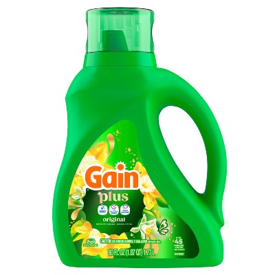 Gain Original Plus Liquid Laundry Detergents 45 Loads - 60oz: Cold Water Detergent, Spill-Resistant Lid, Paraben-Free