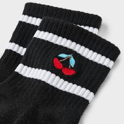 Women's Embroidered Cherries Ribbed Ankle Socks - Black 4-10