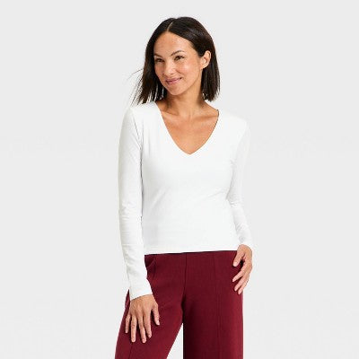 Women's Sculpt Long Sleeve V-Neck Top - A New Day White M