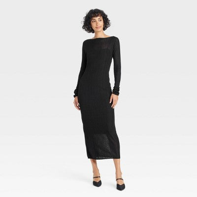 Women's Long Sleeve Sheer Maxi Sweater Dress - A New Day Black L
