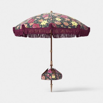 6' Round Floral Beach Umbrella with Fringe Burgundy - Threshold (LOCAL PICKUP ONLY)