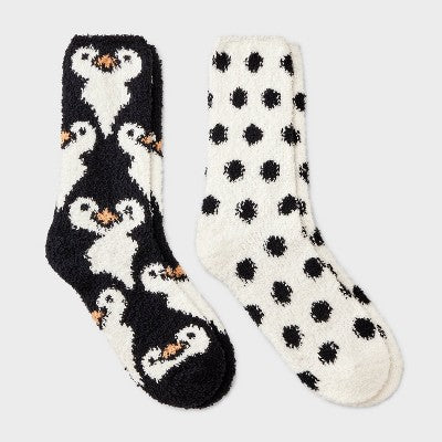 Women's Penguin 2pk Cozy Crew Socks - Black/White 4-10