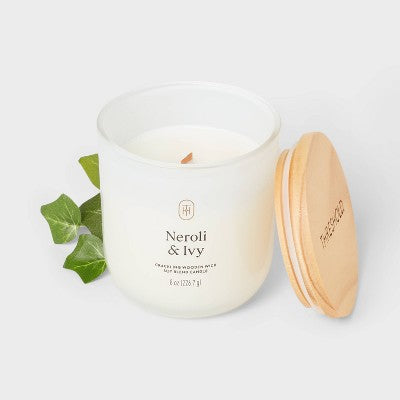 Milky Glass Wooden Wick Neroli and Ivy Jar Candle 8oz - Threshold