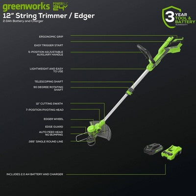 Greenworks POWERALL 24V Cordless 12" String Trimmer with 2.0Ah Battery and Charger (LOCAL PICKUP ONLY)