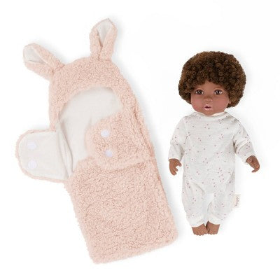 LullaBaby 14" Baby Doll with Curly Brown Hair and Brown Eyes with Cuddler Wrap