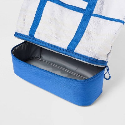 Beach Tote Bag with Zipper Bottom Tan Stripe / Navy - Sun Squad
