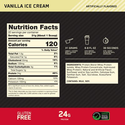 Optimum Nutrition Gold Standard 100% Whey Protein Powder - Vanilla Ice Cream - 22 Servings - 24oz