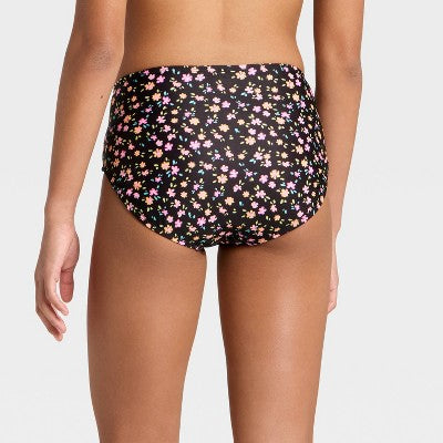 Girls' High Waisted Floral Swimsuit Bottom Black/Orange/Pink S