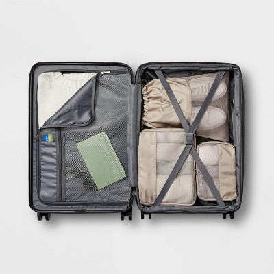 Hardside Medium Checked Spinner Wheels Suitcase Muddy Aqua Blue - Open Story (LOCAL PICKUP ONLY)