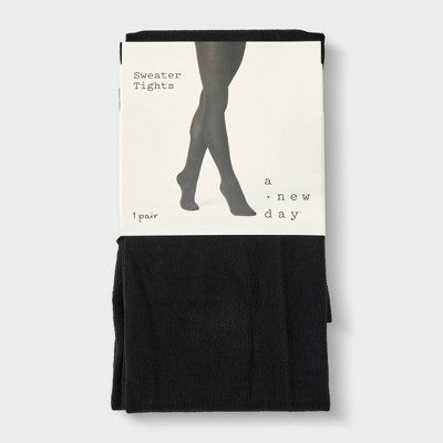 Women's Flat Knit Sweater Tights - A New Day Black M/L