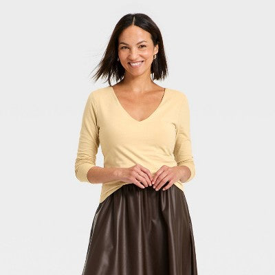 Women's Sculpt Long Sleeve V-Neck Top - A New Day Tan L