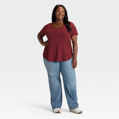 Women's Scoop Neck Drapey T-Shirt Ava & Viv Dark Burgundy 1X