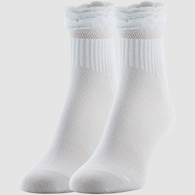 Peds Women's Ruffle Top 2pk Quarter Socks - White 5-10: Moisture Wicking, Breathable Mesh, Smooth Toe Seams, Knit Fabric