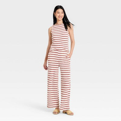 Women's Casual Textured Pull-On Pants - A New Day Cream/Red M