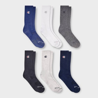Champion Iconic Essentials Men's 6pk Cushion Crew Socks - Blue 6-12