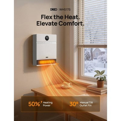 DREO 1500W Wall-Mounted Ceramic Heater Ultra-Quiet Smart Control and ECO Mode 30 Manual Oscillation with Alexa Compatible White