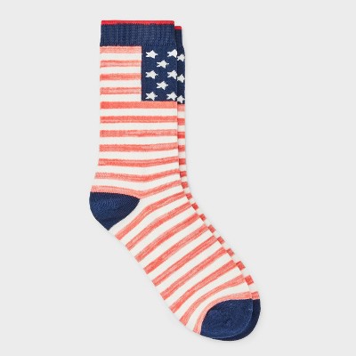 Women's American Flag Crew Socks - Red/Navy 4-10: Lightweight Knit, Banded Cuff, Stripe Pattern