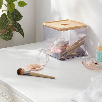 Clear Canister Large with Bamboo Lid - Brightroom: Bathroom Container with Lid, Qtip Holder, 6"x6"x6" Plastic