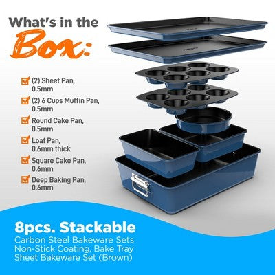 NutriChef 8-Piece Stackable Bakeware Set - Non-Stick Carbon Steel Baking Trays and Pans