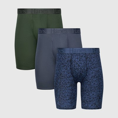 Hanes Originals Premium Men's SuperSoft Long Leg Boxer Briefs 3pk - Blue/Green/Gray M: Tagless, Moisture Wicking, Stretch Knit Fabric
