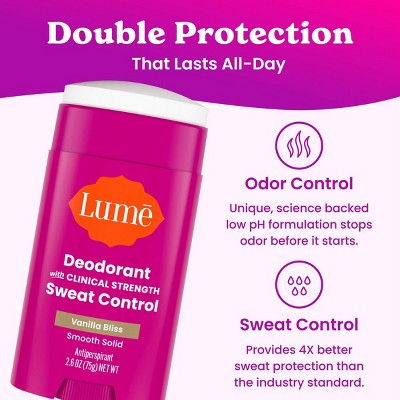 Lume Deodorant Plus Sweat Control Clinical Strength Smooth Solid Stick Antiperspirant - Vanilla Bliss - 2.6oz