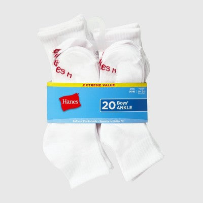 Hanes Boys' 20pk Ankle Socks - White L