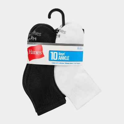 Hanes Boys' 10pk Premium Ankle Socks - Black/White M