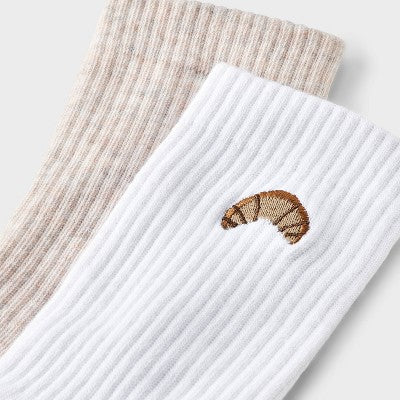Girls' 2pk 'Croissant' Mid Crew Socks - art class White L: Recycled Polyester, Banded Cuff, Knit