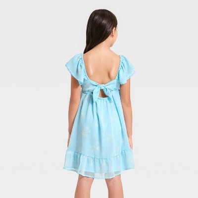Girls' Ruffle Short Sleeve Chiffon Floral Dress - Light Blue L