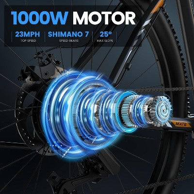 5TH WHEEL MATE Electric Bike - 1000W Peak, 20 mph, 45 Mile Range (PAS), 265 lbs Capacity, 26" Tires, Shimano Tourney 7 Speed Shifter - Black (LOCAL PICKUP ONLY)