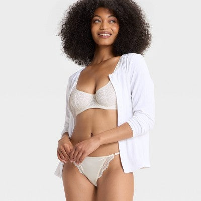 Women's Satin and Lace Lingerie Cheeky Underwear  Almond Cream XL
