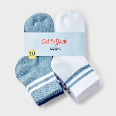 Boys' 10pk Varsity Striped Ankle Socks - Cat & Jack Gray/Blue/White L