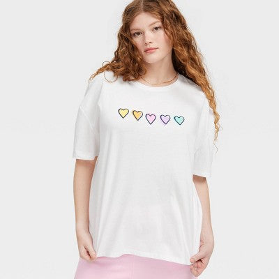 Women's Oversized Disco Hearts Wave Graphic T-Shirt White XS