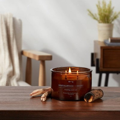 3-Wick Lidded Amber Glass Sandalwood and Smoke Wooden Wick Jar Candle 14oz - Threshold