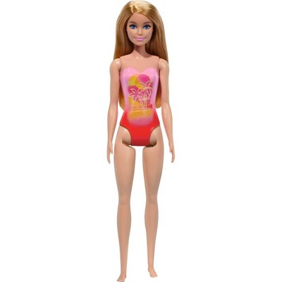 Barbie 12.7" Beach Doll Blond Hair/Blue Eyes Wearing Pink Palm Tree Print Swimsuit